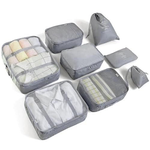 LANSKLBD 6/8 Set Packing Cubes for Suitcases Travel Luggage Packing Organizers,Travel Accessories Essentials Luggage Organizer with Shoe/Tioletry/Laundry Bag (Grey, 8 set) - color: Grey, size: 8 set