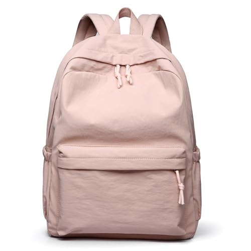 Unisex Backpack Minimalist Solid Color Durable Nylon Fabric Large Capacity Casual Travel Backpack (Pink) - color: Pink