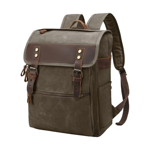 Waxed Canvas Vintage Backpack for Men Women, Army Green | Casual, Genuine Leather, Laptop Travel Rucksack - color: Army Green