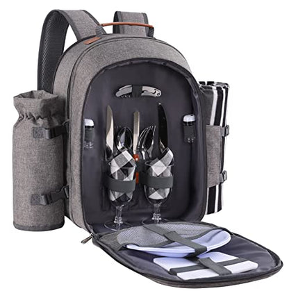 Apollo Walker Picnic Backpack Set for 2 Person with Cooler Compartment, Detachable Bottle/Wine Holder, Fleece Blanket, Plates and Cutlery Set - color: Lightgrey, size: 2 Person