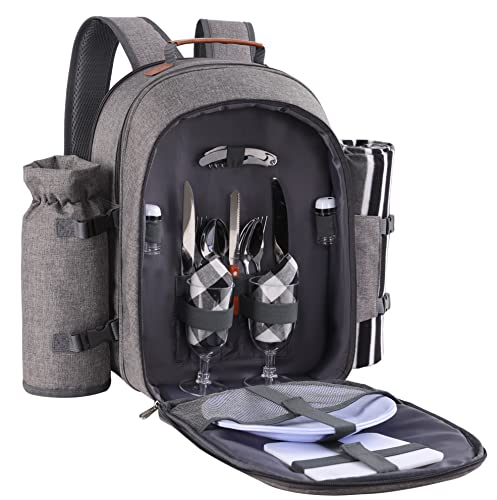 Apollo Walker Picnic Backpack Set for 2 Person with Cooler Compartment, Detachable Bottle/Wine Holder, Fleece Blanket, Plates and Cutlery Set - color: Lightgrey, size: 2 Person