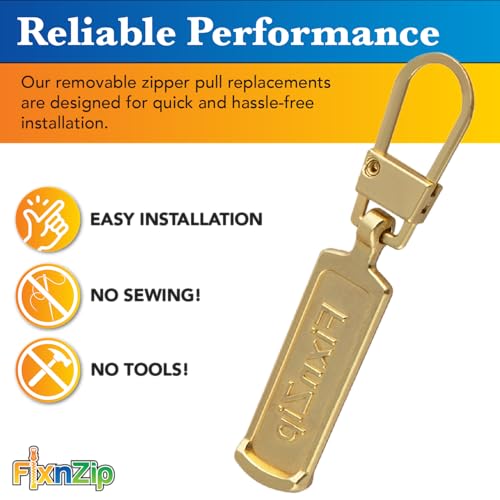 FixNZip Medium to Large Gold Zipper Pull Replacements (4-Pack) | Universal Clip-On Pull Tabs for Zipper Repair, Sliders & Luggage, Jackets, Backpacks, Tents, Sleeping Bags & Outdoor Gear - color: Gold
