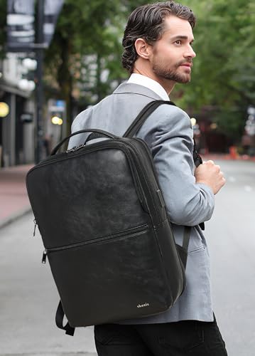 Shrrie Vegan Leather Laptop Backpack for Women&Men,16 Inch Expandable Backpack with USB Charging Port,Two-toned Black - color: Two-toned Black
