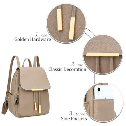 KKXIU Women’s Stylish Leather Backpack Purse – Lightweight Travel Backpack with Multiple Pockets, Lychee Grain PU Leather, Gold Hardware (A-Khaki, 10x12x4.5 Inches) - color: A-khaki, style: Backpack