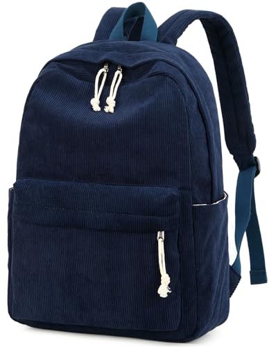BTOOP School Backpack for Teens Large Corduroy Bookbag Lightweight 15.6 inch Laptop Bag for Girls Women Casual High School College - color: Navy Blue