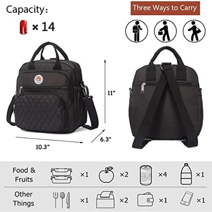 Insulated Lunch Bag Backpack for Women/Men, 3 carrying way Lunch Tote, Large Waterproof Cooler Box with Side pockets for Adults, College, Work, Beach, Picnic, Black - color: Black