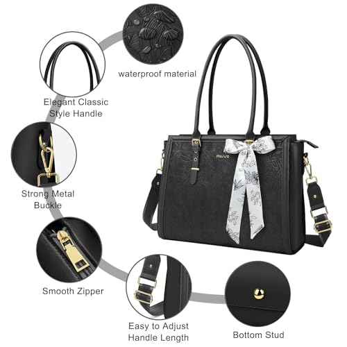 MOSISO Laptop Bag for Women, 15.6-16 inch PU Leather Tote Bag Compatible with MacBook, HP, Dell, Asus Notebook, Front Embossed Retro Hibiscus Computer Bags with Silk Scarf&Clutch Purse, Black - color: Black, size: 16 inch