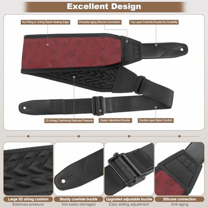 Guitar Straps for Electric Guitar Bass, Smooth Guitar Strap, 3" Wide Padded Straps with 3D Sponge Filling, Comes with 4 Picks + 2 Strap Locks + 1 Headstock Tie + 1 Tie Rope, Red Butterfly - color: Smooth Red Butterfly