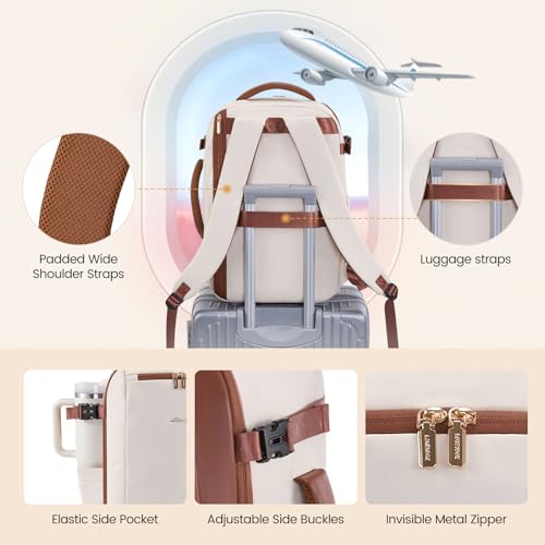 LOVEVOOK 40L Travel Backpack for Women,Carry on Luggage Backpack Flight Approved with 3 Packing Cubes,Waterproof Personal Item Travel Bag fits 17 Inch Laptop,Overnight Weekender Business Daypack - color: Beige White-brown, size: 17.3 Inch