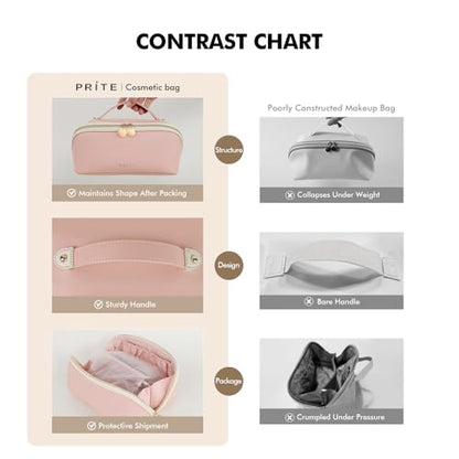 Prite Makeup Bag for Women Travel Waterproof Vegan Leather Cosmetic Bag Open Flat Toiletry Bag With Clear Divider and Handle (Pink, Medium) - color: Pink, size: Medium
