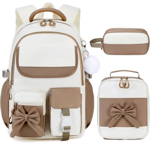 Kids Backpack for Girls, 3PCS School Backpack Set with Insulated Lunch Box & Pencil Case, Waterproof Lightweight Bookbag for Elementary & Middle School, Cute Bow Travel Daypack Brown-Beige - color: Brown-beige
