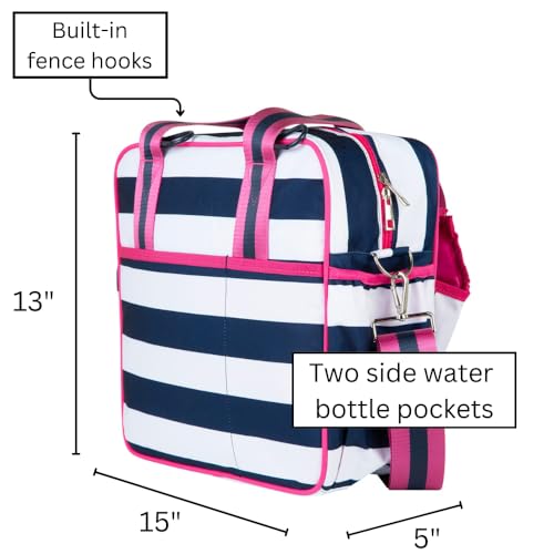 Cute Prepster Pickleball Bag for Women with Fence Hook, Tote with Pockets for Water Bottle, Paddles, Balls, Accessories - color: Navy Stripe/pink
