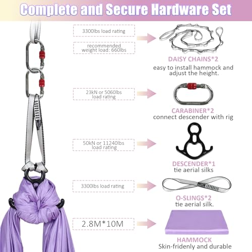 Aerial Silks Kit & Aerial Yoga Hammock - 11Yd Premium Fabric with Hardware - Easy Setup for Flying Yoga, Aerial Swing & Fitness - Supports Up to 14ft Rigging - color: Lavender