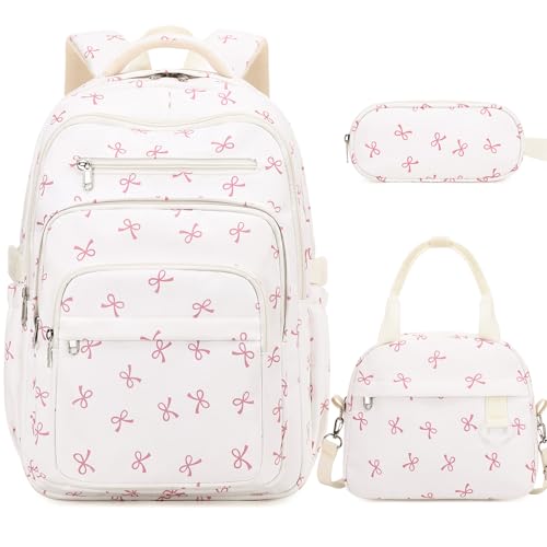 DIGOBAY Backpack for School Girls Boys, College Backpack with Lunch Bag Pencil Case for Teens Kids Elementary Middle High School, Casual Multi-Pocket Travel Daypack with USB Port for Women Men - color: Beige Bow