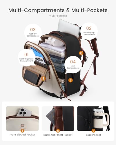 LOVEVOOK 40L Travel Backpack for Women, Airline Approved Carry On Backpack with 2 Packing Cubes, Waterproof Personal Item Bag Fits 17" Laptop, TSA Traveling Essentials Weekender Overnight Backpack - color: White & Brown & Black, size: 40L-3PCS