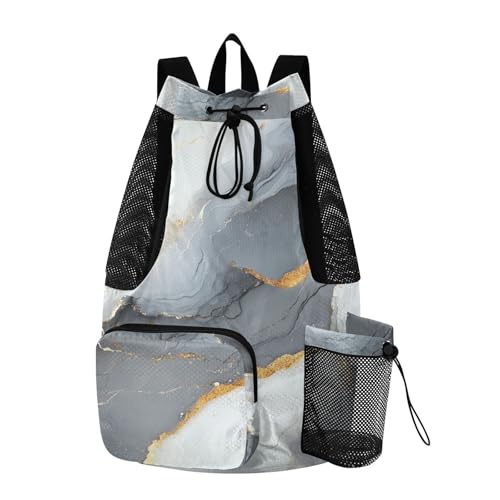 Drawstring Bags For Men Women Summer Camp Bag With Pockets String Back Bag Wet and Dry Separation Marble Gray White - color: Color 17