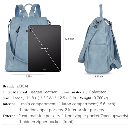ZOCAI Backpack Purse for Women Medium Anti-Theft Backpacks Purses Design Leather Shoulder Bags with Removable Strap - color: Sky Blue