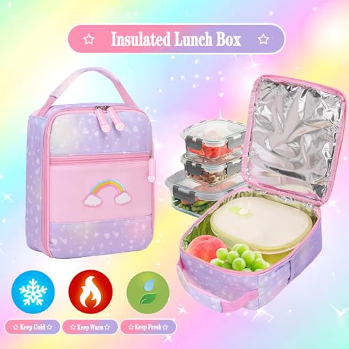 Jcobvig 3Pcs Kids Backpack For Girls,Cute Rainbow Student School Backpack With Lunch Bag Pen Bag Set (Purple Large 17.5in - color: Purple, size: Large