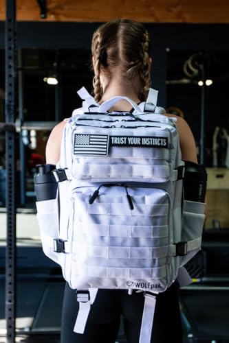 WOLFpak 35L Tactical Gym Backpack (Polar White) Durable 1000D Waterproof Oxford Material with MOLLE Webbing, Laptop Pocket & Dual Cup Holders, Durable Fitness/Travel/Military Daypack - color: Polar White
