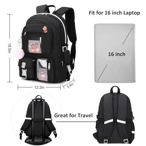 Backpack for Girls with Accessories Laptop Bookbags 16 Inch Kawaii Kids Elementary Middle High School Bag College Travel Daypack Gifts for Teens Women Students (Black) - color: Black