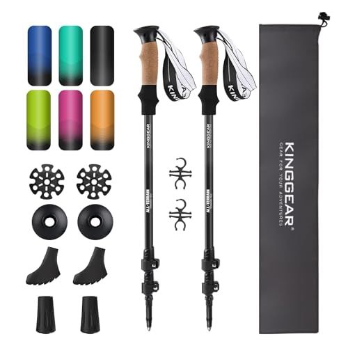KINGGEAR Nordic Walking Stick, TP1 Hiking Poles Retractable Lightweight 7075 Aluminum, Trekking Poles with Flip Lock, Natural Cork and EVA Grip, 2pc Hiking Gear - color: Black