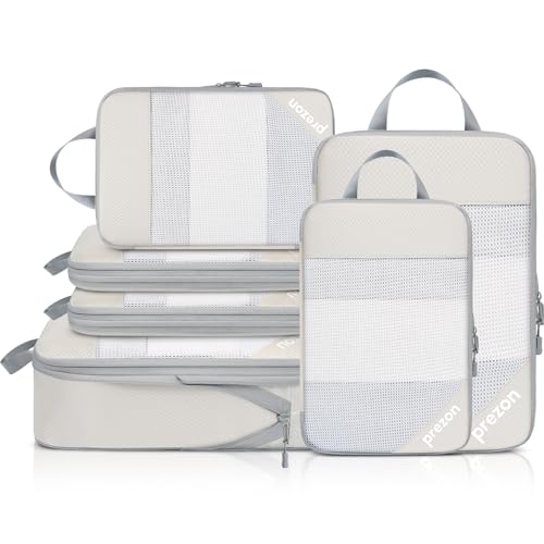 Compression Packing Cubes for Travel, Lightweight Vacation Travel Essentials, Travel Accessories for Suitcase Organizer Bags Set, Durable Luggage Organizer - color: Beige, size: 6 set-Half Mesh