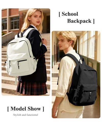 School Backpack for Girls Boys Bookbag Cute Aesthetic College Backpack Women Middle High School Teen Students Book Bag Lightweight Gym Work Laptop Casual Daypack Backpacks Men Beige - color: Beige