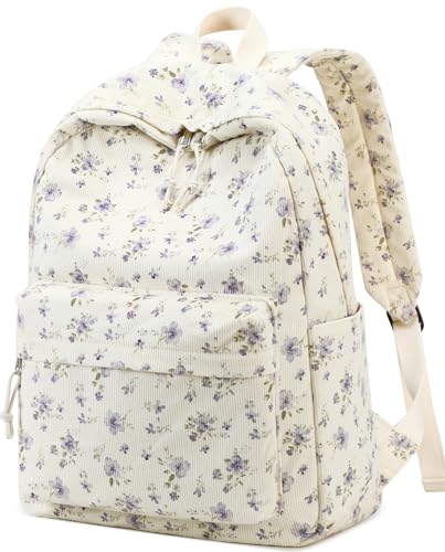 BTOOP School Backpack for Girls Teens Large Corduroy Bookbag Lightweight 15.6 inch Laptop Bag for Women Casual High School College (Purple Floral) - color: Grace Purple Flower