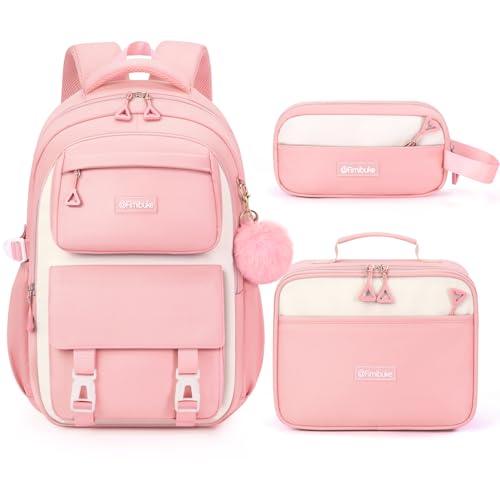 Fimibuke Backpacks for Girls, 3 PCS Waterproof School Backpack with Lunch Box & Pencil Pouch for Kids Teen Girl, Cute Bookbag School Bag for Elementary Middle High School Student Ages 6+(Pink) - color: Pink
