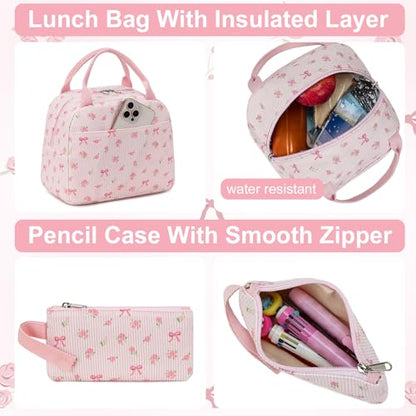 BTOOP School Backpacks for Teen Girls Bookbags Lightweight Kids Backpack School Bags Set with Lunch Box Pencil Case - color: A-pink Bow-pink Flower