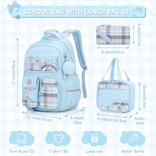 MOONBABY Girls Backpack, Kids Backpack for Girls School Bags with Lunch Bag & Pen Case, Bow Plaid Book Bag for Elementary Middle Primary High School College,Blue-3pcs - color: Blue Set