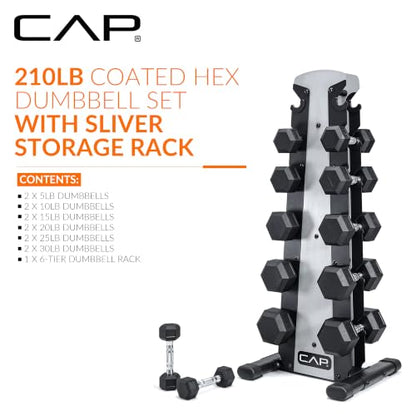 CAP Rubber Coated Hex Dumbbell Set with Storage Rack | 100–210 lb Options, Space-Saving Vertical Compact Storage for Home Gym Strength Training - size: 210 lb - Set - Silver Rack, style: Chrome Handles