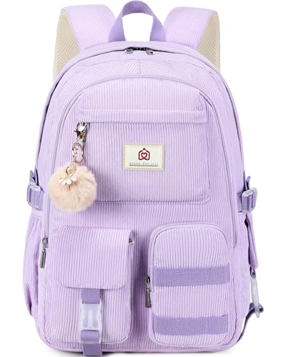 Hidds School Backpack for Teens Girls Women 15.6 Inch Laptop College Backpacks Corduroy Kids Bookbag Students Travel Daypack Womens (Purple) - color: Purple