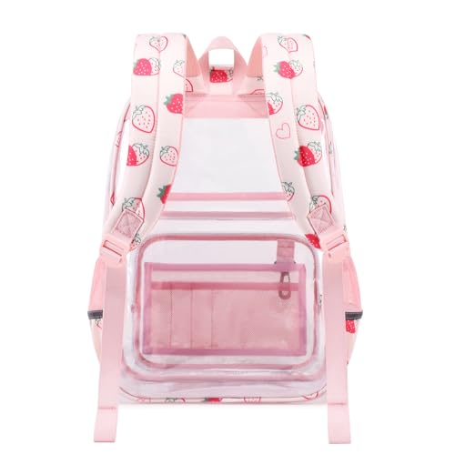 Sisipoet Clear Backpack for Girls with Strawberry Print, Heavy Duty Transparent Bookbag for School, Stadium, and Concert, Pink - color: Pink/Strawberry