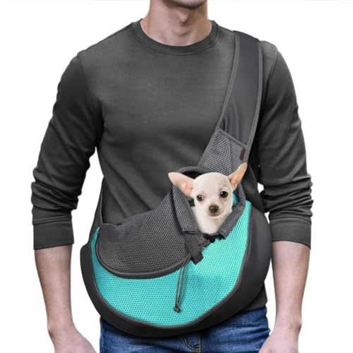 YUDODO Pet Sling Carrier for 5-9 lbs Small Dogs & Cats – Hands-Free Puppy Carrier with Safety Hook, Large Zipper Pocket, Soft Breathable Mesh, Adjustable Strap & Reflective Strip (Cyan 1.0 M) - color: Cyan 1.0 Basic (Zipper Pocket), size: Medium (4.5-9lbs