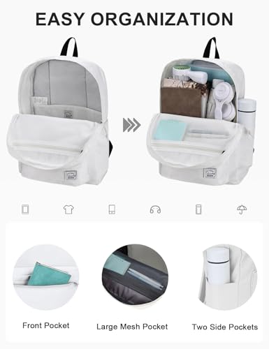 VASCHY Lightweight Backpack for School, Classic Basic Water Resistant Casual Daypack for Travel with Bottle Side Pockets (White) - color: White
