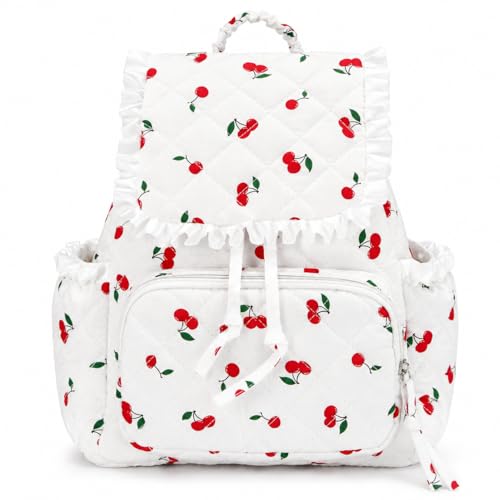Quilted Mini Backpack For Women,Small Cute Cotton Floral Backpack Purse, Drawstring Daypack For Travel Daily Use(Cherry, M) - color: Cherry