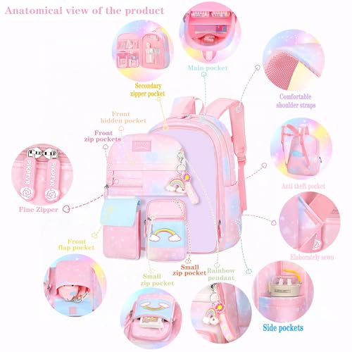 Jcobvig 3Pcs Kids Backpack For Girls,Cute Rainbow Student School Backpack With Lunch Bag Pen Bag Set (Purple Large 17.5in - color: Purple, size: Large
