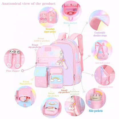 Jcobvig 3Pcs Kids Backpack For Girls,Cute Rainbow Student School Backpack With Lunch Bag Pen Bag Set (Blue Medium 16.5in - color: Blue, size: Medium