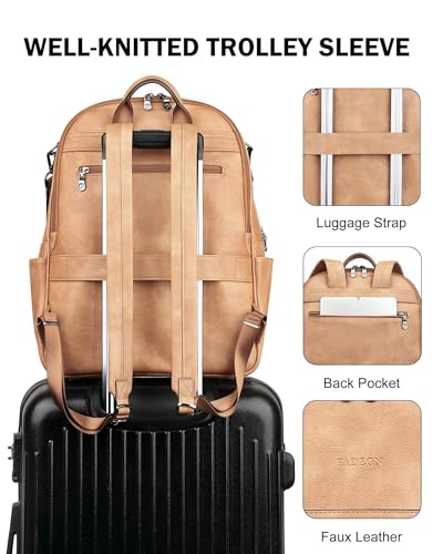 FADEON 15.6 Inch Laptop Backpack Purse for Women, Large Capacity | Vegan Leather Backpack with Padded Straps, Laptop & iPad Slots Fits 13", 14" & 15.6". Roomy for Daily, Work & Travel - color: Camel Brown Retro Style