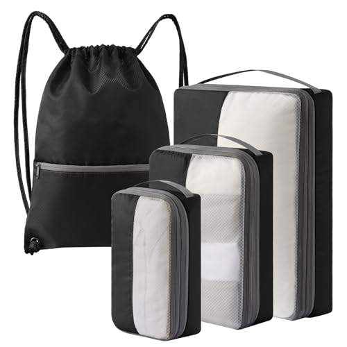 4 Set Compression Packing Cubes for Travel, Bonus Versatile Drawstring Backpack, Lightweight Luggage Organizer Bags, Sturdy Travel Accessories for Suitcase, Black - color: Black, size: 4 Set