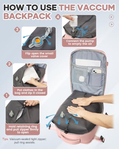 Vacuum Seal Travel Backpack with Air Pump Compression Waterproof Vacpack Carry On Backpack for Travel Daypack Women Men with Vacuum System Airlines Approved Vacpack Laptop Space Saver Bags Pink - color: B14-pink(with Air Pump)