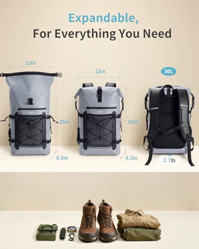 ECOHUB Waterproof Backpack for Women Men, 30L Roll-Top Closure Heavy Duty Dry Bag for Travel with IPX8 Waterproof Phone Case - color: Grey