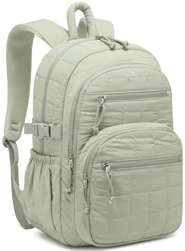 Cute Laptop Backpack for Women, Quilted College Bookbag with Tumbler Holder Pocket for Nurse Teacher Work Travel, Puffer School Backpack for Teen Girls Big Student, Green - color: Green, size: 15.6in