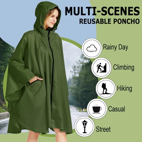 Fashion Hooded Rain Poncho Waterproof Raincoat Jacket with pocket for Women/Men/Adult - color: Army Green