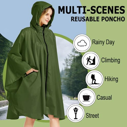 Fashion Hooded Rain Poncho Waterproof Raincoat Jacket with pocket for Women/Men/Adult - color: Army Green