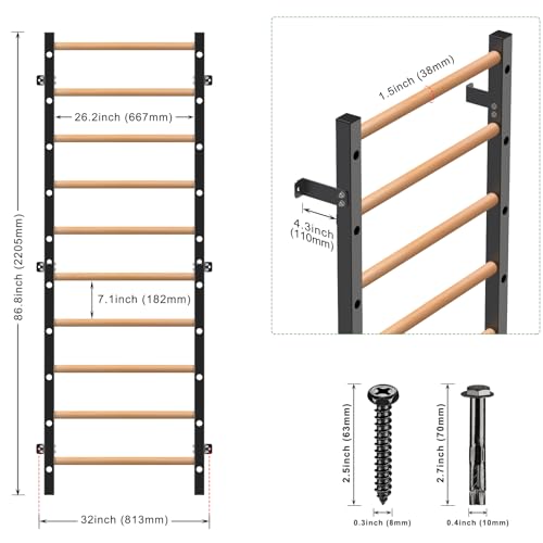 Kipika Gymnastic Stall Bar - 2"x2" Swedish Ladder with 1" Hole, Wall Mounted Pull-up Bar Ladder Suspension Trainer, Solid Wood Grips Gymnastics Training Bar for Home, Wall Gym, School - color: Basic Swedish Ladder