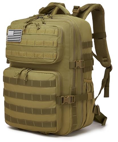 Wotony Military Tactical Backpack for Men Waterproof Daypack 3 Day Assault Pack Molle Bag with Water Bottle Holder - color: Khaki, size: 50L