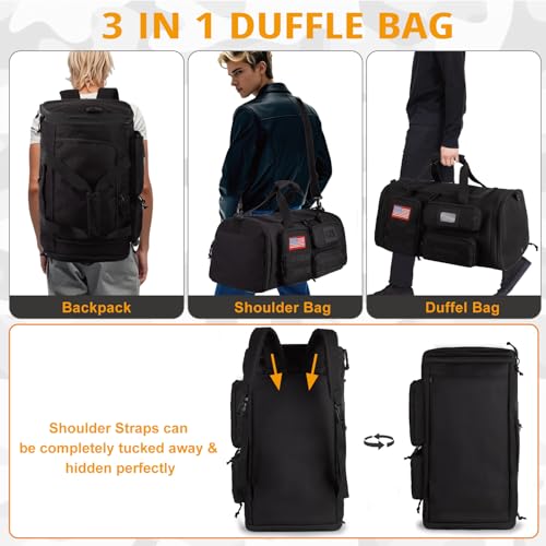 Expandable Gym Bag For Men,Tactical Large 3 in 1 Sports Duffle Bag With Shoes Compartment,Water Resistant Sports Gym Tote Bags Multi-functional Weekend Travel Backpack Overnight Bag - color: Black