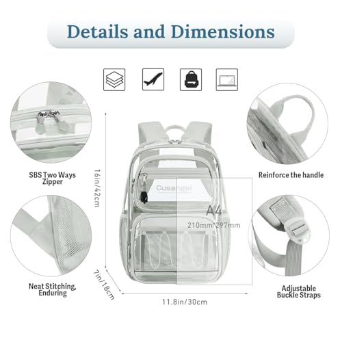 Cusangel Large Clear backpack for girls,16in TPU Plastic See Through Heavy Duty Bookbag,Stadium,school, and other security check locations(Grey) - color: Grey-16in